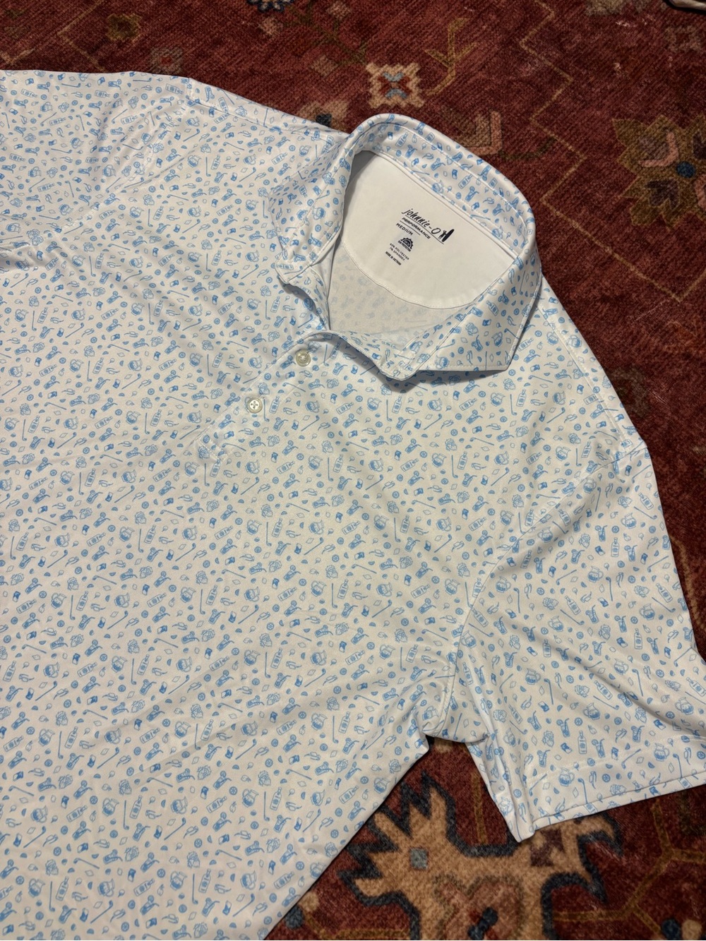 johnnie-O Performance Men's Polo Shirt White Blue cocktail Print Short Sleeve M